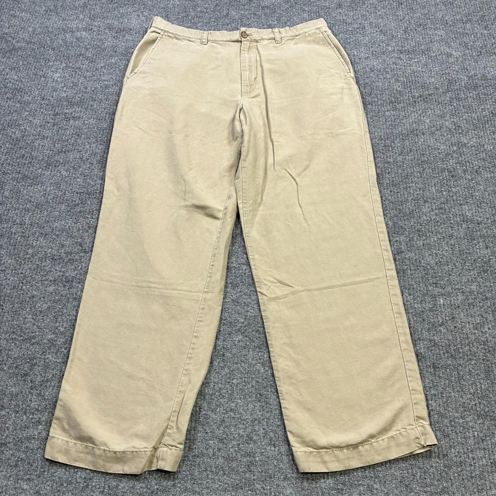 IZOD‎ Mens Chino Pants Size 36x32 Beige Cotton Linen Flat Front High Rise